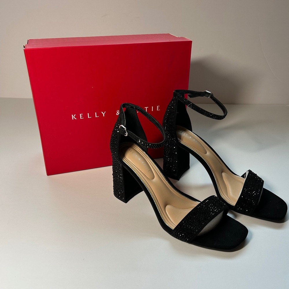 Kelly & Katie Caital-X Black Rhinestone Block Heel Sandals Women's Size 8M